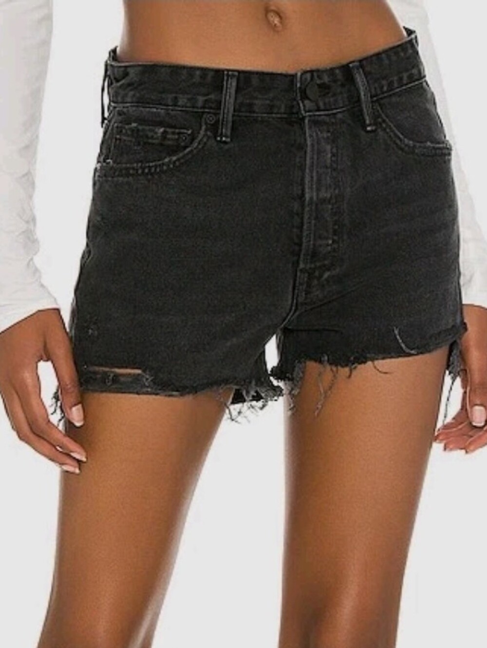 GRLFRND | The Helena High Rise Cutoff Black Wash Button Fly Denim Shorts, EUC!